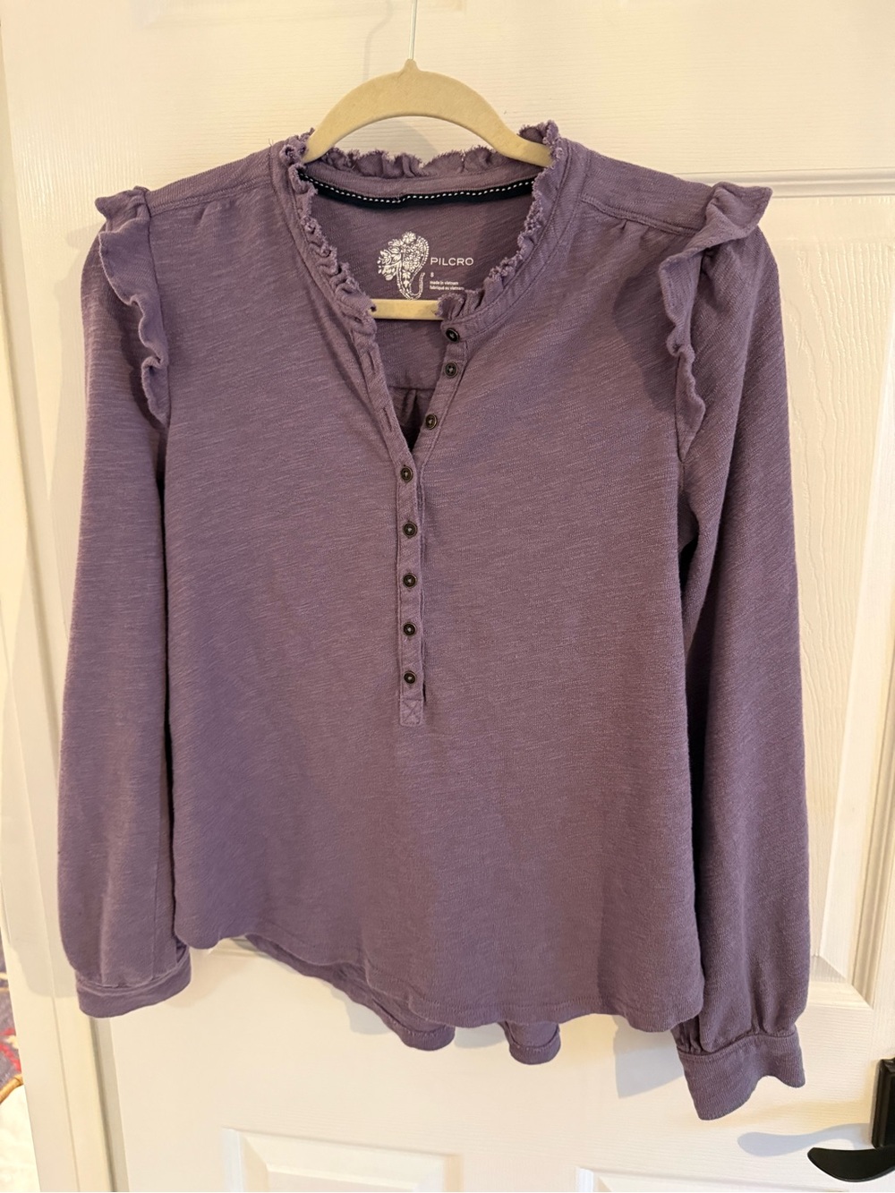Pilcro Anthropologie Lavender Ruffle-Trim Long Sleeve Henley Top